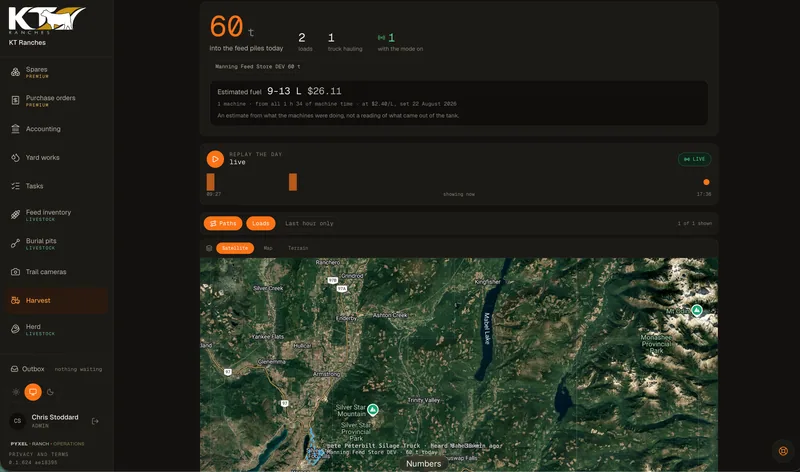 Harvest, live, in the web app: tonnes into the piles today, the fuel estimate, a replay of the day and every machine on the map